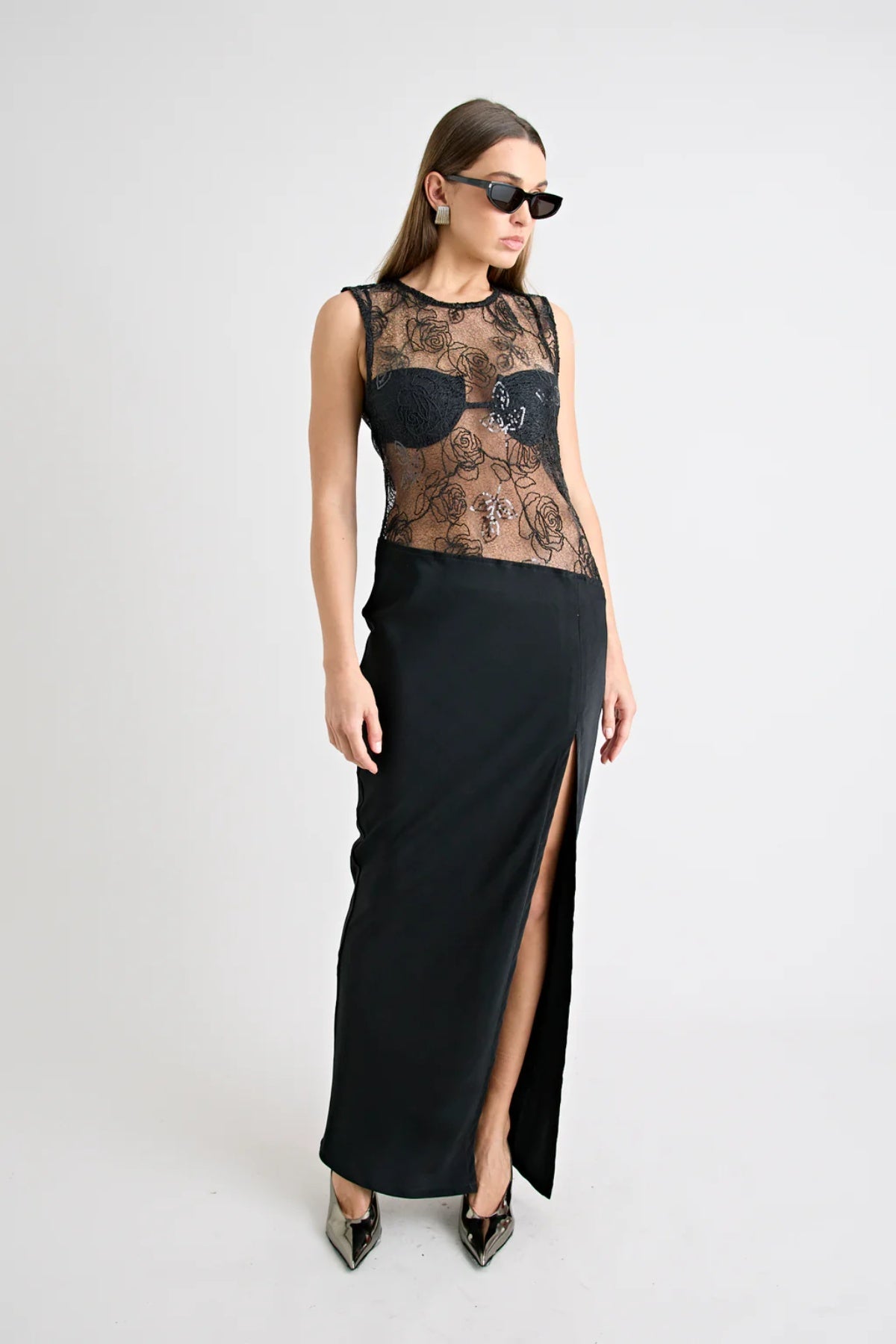 Rozelle Lace Dress in Black by Pfeiffer, sheer lace maxi with a lined skirt and keyhole back. Perfect layered for holidays or nights out.