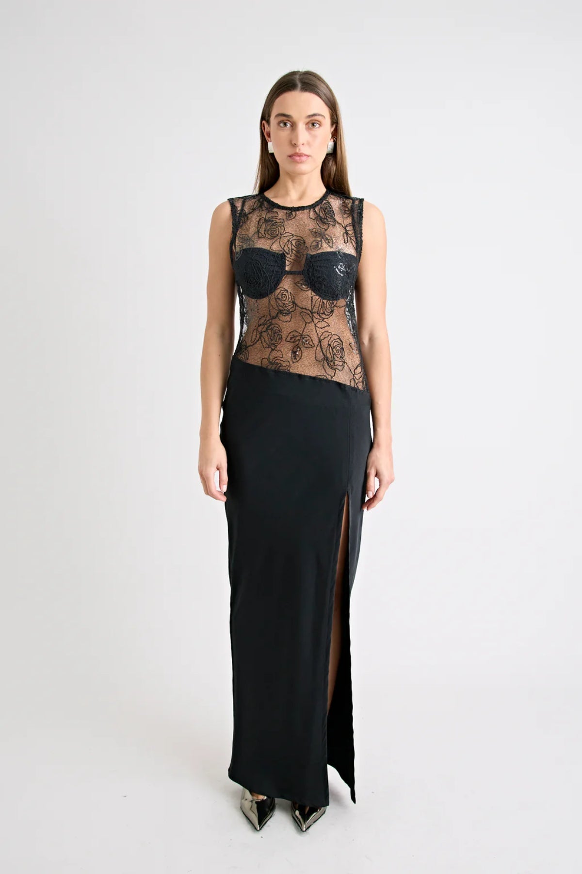 Rozelle Lace Dress in Black by Pfeiffer, sheer lace maxi with a lined skirt and keyhole back. Perfect layered for holidays or nights out.