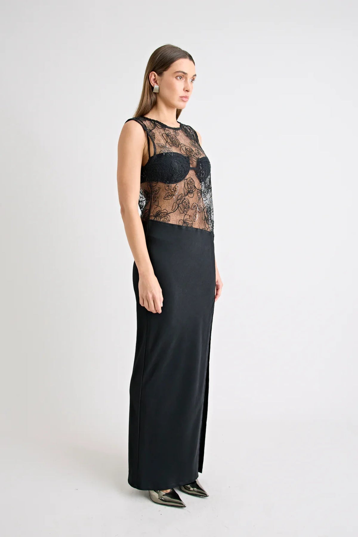 Rozelle Lace Dress in Black by Pfeiffer, sheer lace maxi with a lined skirt and keyhole back. Perfect layered for holidays or nights out.