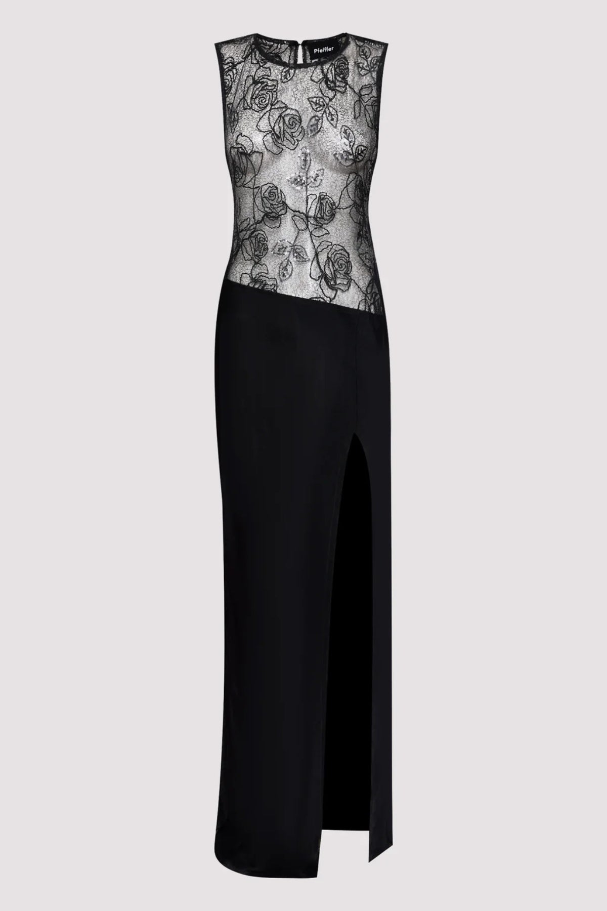 Rozelle Lace Dress in Black by Pfeiffer, sheer lace maxi with a lined skirt and keyhole back. Perfect layered for holidays or nights out.