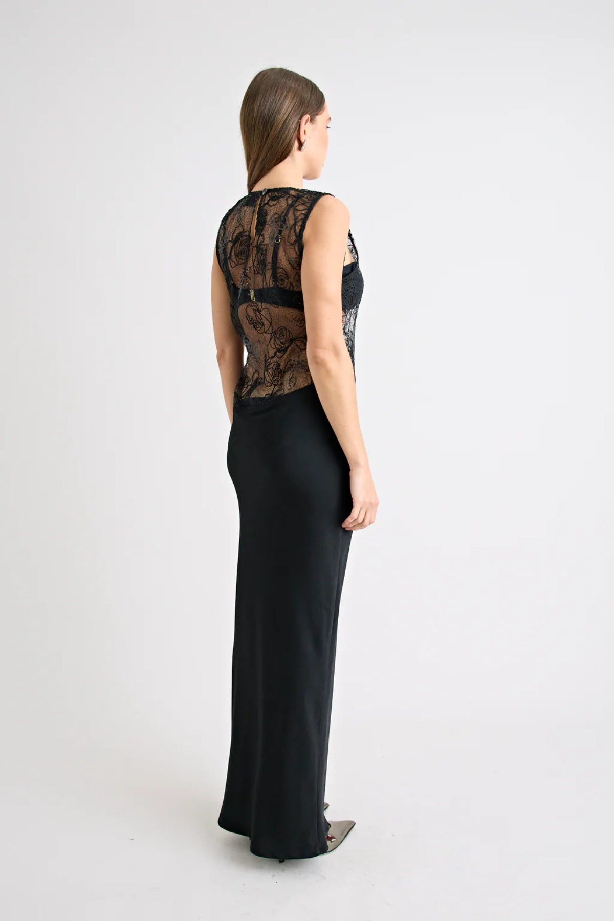 Rozelle Lace Dress in Black by Pfeiffer, sheer lace maxi with a lined skirt and keyhole back. Perfect layered for holidays or nights out.