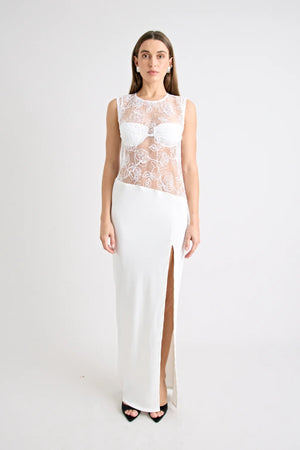 Rozelle Lace Dress in Powder by Pfeiffer, sultry sheer maxi with lace texture and soft drape for holiday or evening style.