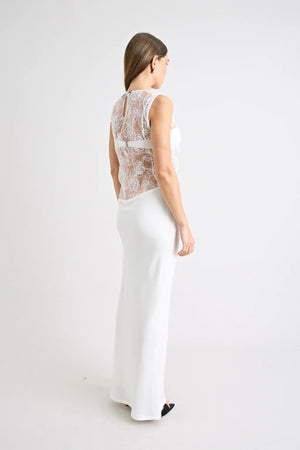 Rozelle Lace Dress in Powder by Pfeiffer, sultry sheer maxi with lace texture and soft drape for holiday or evening style.