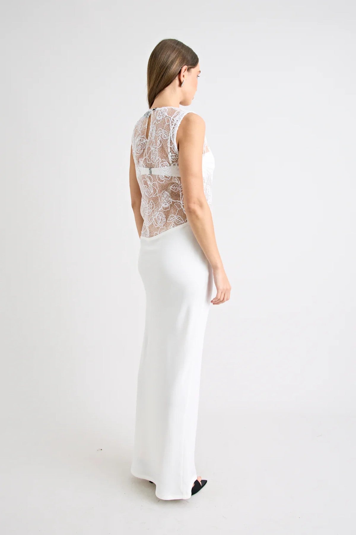 Rozelle Lace Dress in Powder by Pfeiffer, sultry sheer maxi with lace texture and soft drape for holiday or evening style.