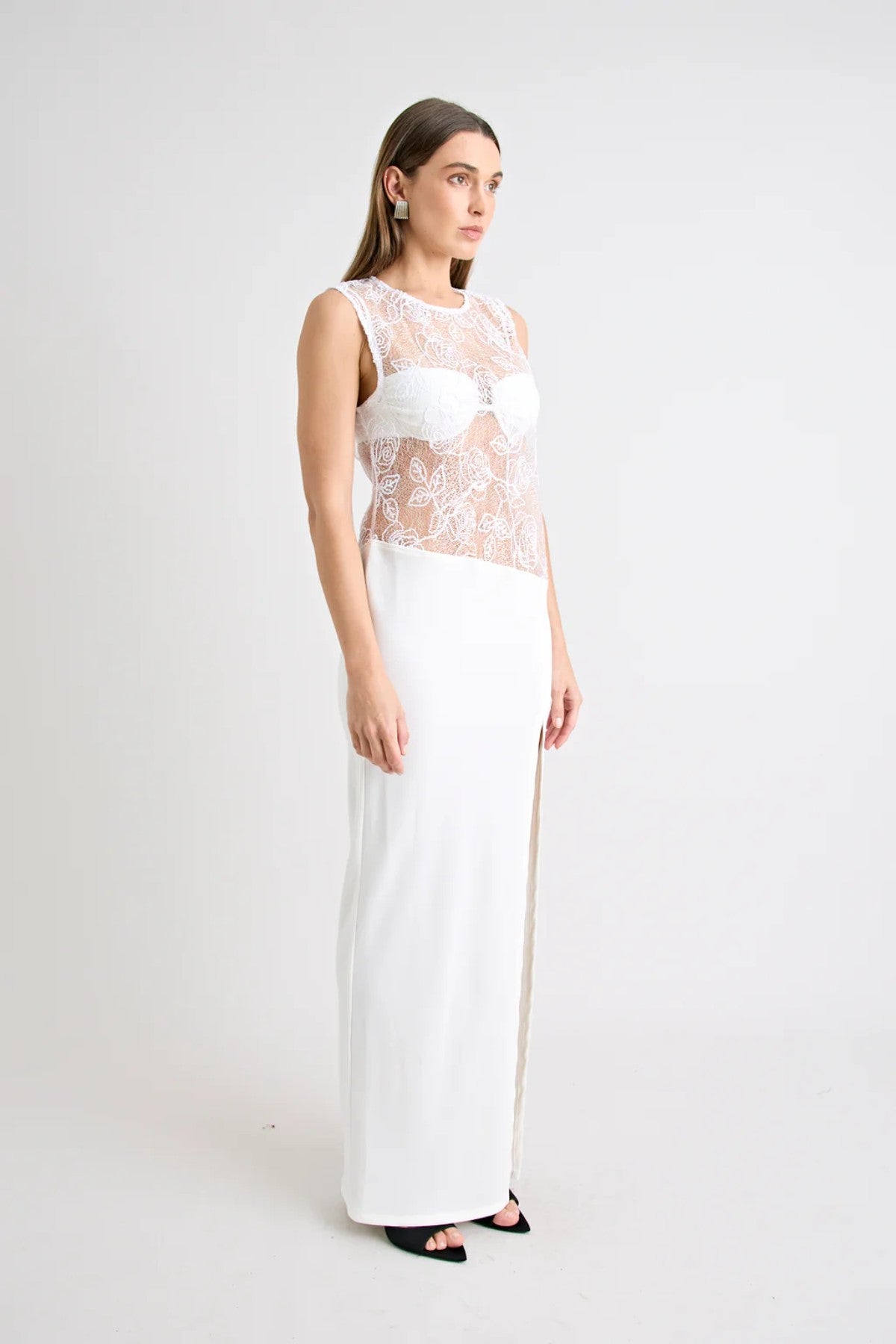 Rozelle Lace Dress in Powder by Pfeiffer, sultry sheer maxi with lace texture and soft drape for holiday or evening style.