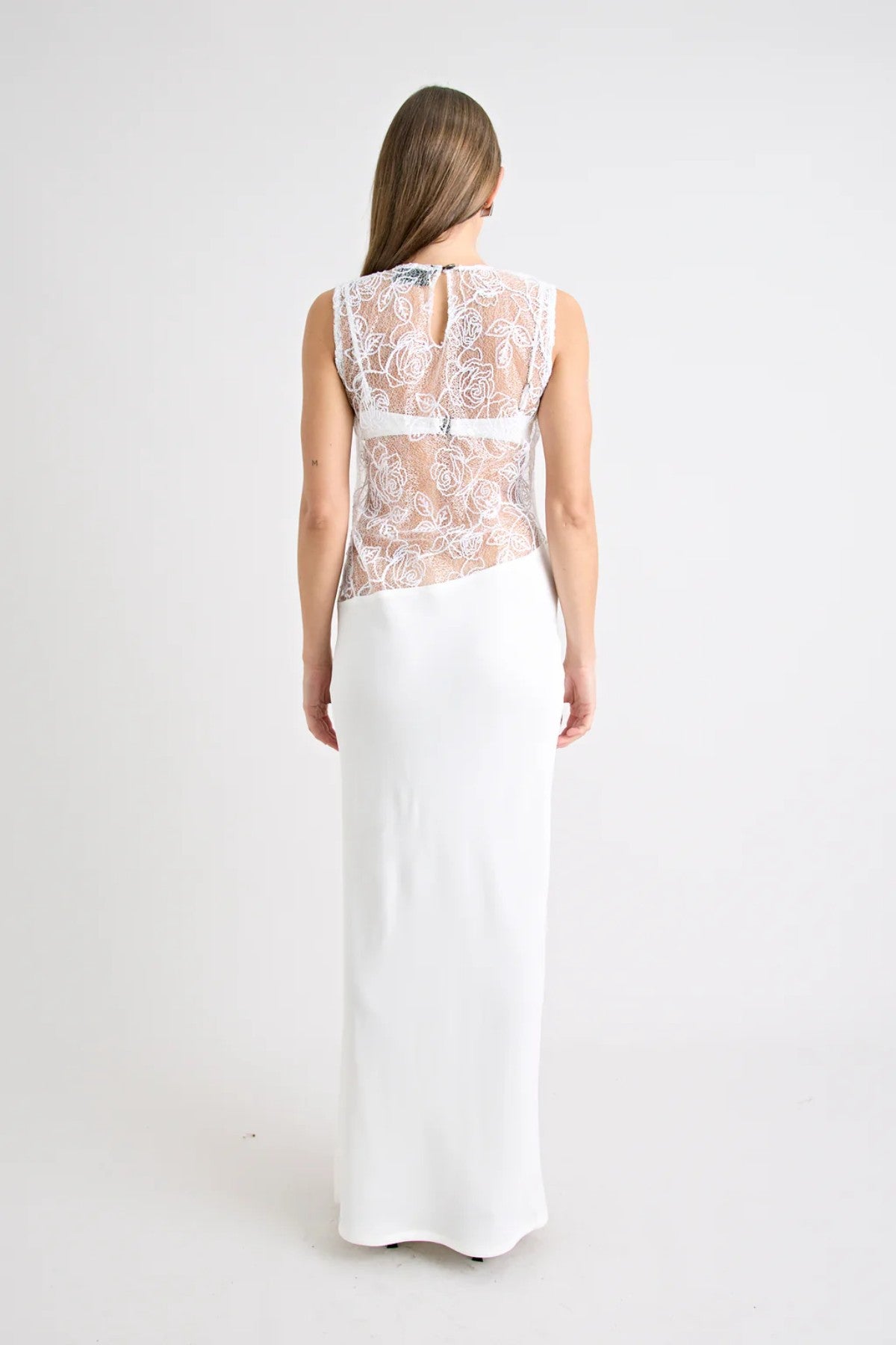 Rozelle Lace Dress in Powder by Pfeiffer, sultry sheer maxi with lace texture and soft drape for holiday or evening style.