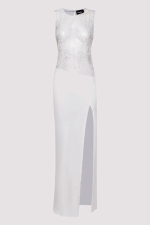 Rozelle Lace Dress in Powder by Pfeiffer, sultry sheer maxi with lace texture and soft drape for holiday or evening style.