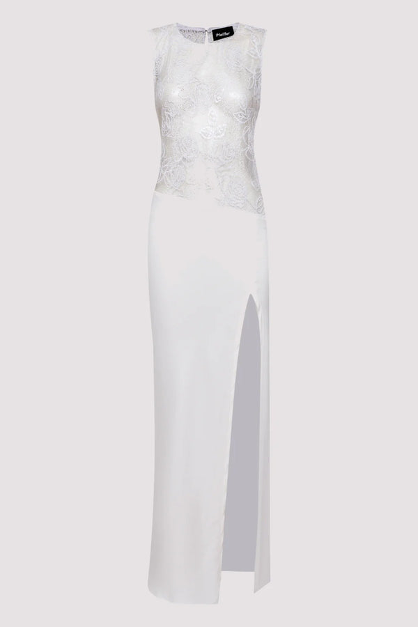 Rozelle Lace Dress in Powder by Pfeiffer, sultry sheer maxi with lace texture and soft drape for holiday or evening style.