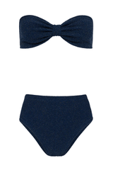 Ruby Bikini Navy Silver by Hunza G, crinkle bikini with bandeau top and high waist fit. Perfect for beach days or retro swim looks.