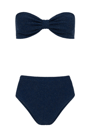 Ruby Bikini Navy Silver by Hunza G, crinkle bikini with bandeau top and high waist fit. Perfect for beach days or retro swim looks.