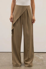 Rue Pant in Dune by Bayse, a wide-leg pant with an asymmetric wrap front and fluid drape for refined everyday styling.