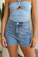 Ryder Short Tranquil by One Teaspoon - high rise denim shorts with raw hem and relaxed fit, designed for effortless everyday styling.