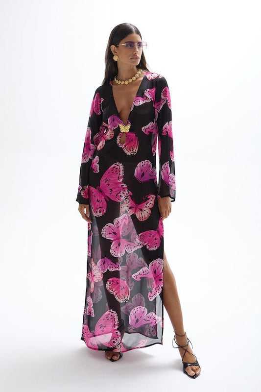 Hotline Butterfly Maxi Dress Monarch by Cin Cin – A bold, ethereal maxi in Monarch with a central butterfly detail and side slit, perfect for sunlit days and dreamy nights.