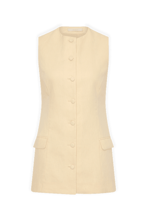 Eveline Mini Dress Caramel by Faithfull the Brand – Chic tailored vest-style mini in rich caramel with button-up front and flattering darts, perfect for sunny lunches and casual outings.