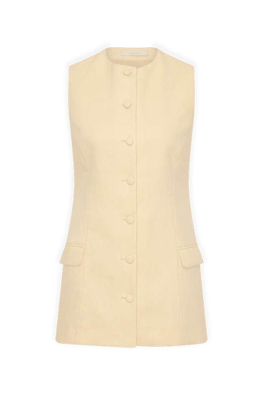 Eveline Mini Dress Caramel by Faithfull the Brand – Chic tailored vest-style mini in rich caramel with button-up front and flattering darts, perfect for sunny lunches and casual outings.