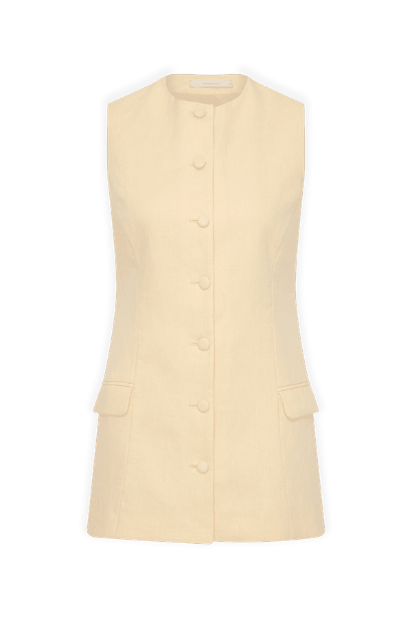 Eveline Mini Dress Caramel by Faithfull the Brand – Chic tailored vest-style mini in rich caramel with button-up front and flattering darts, perfect for sunny lunches and casual outings.