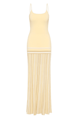 Citara Maxi Dress Butter Stripe by Faithfull the Brand – Trendy ribbed knit maxi with adjustable straps and backless tie, perfect for effortless summer elegance and beach days.