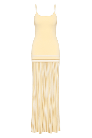 Citara Maxi Dress Butter Stripe by Faithfull the Brand – Trendy ribbed knit maxi with adjustable straps and backless tie, perfect for effortless summer elegance and beach days.