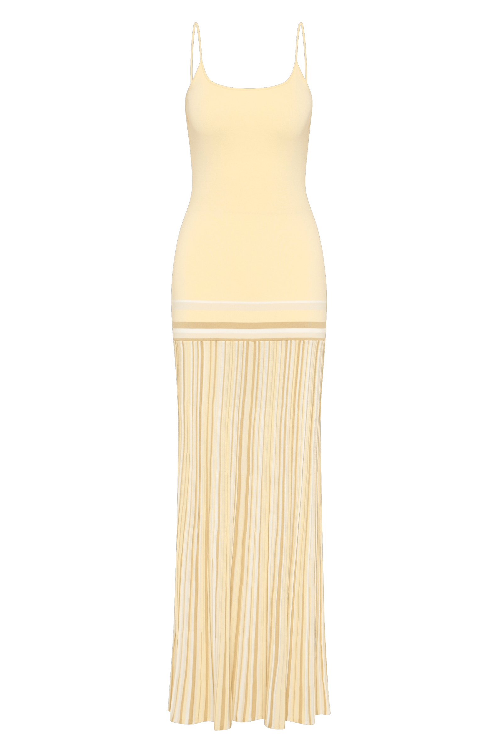 Citara Maxi Dress Butter Stripe by Faithfull the Brand – Trendy ribbed knit maxi with adjustable straps and backless tie, perfect for effortless summer elegance and beach days.