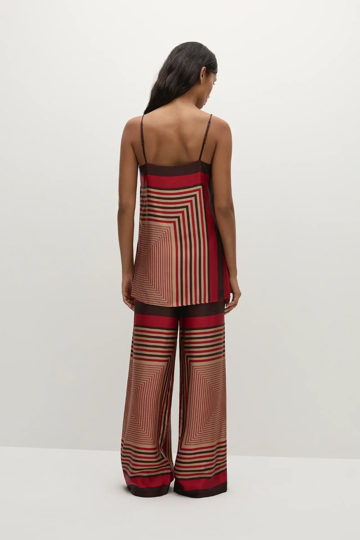 Faithfull the Brand Ylva Pant in Ylva Print, mid-rise straight leg with elastic waist in red-brown stripe. Perfect for chic co-ord styling.