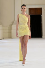 Sabine Mini Lemon by Effie Kats, a sculpted stretch mesh mini with sheer texture. Perfect for rooftop parties or warm summer nights.