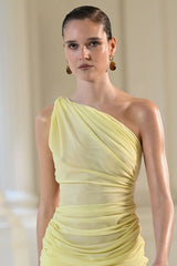 Sabine Mini Lemon by Effie Kats, a sculpted stretch mesh mini with sheer texture. Perfect for rooftop parties or warm summer nights.