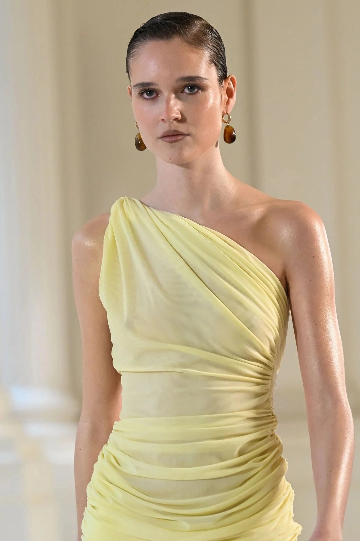 Sabine Mini Lemon by Effie Kats, a sculpted stretch mesh mini with sheer texture. Perfect for rooftop parties or warm summer nights.