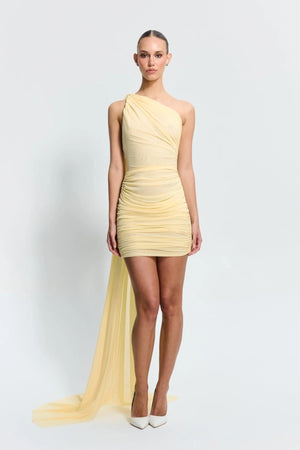 Sabine Mini Lemon by Effie Kats, a sculpted stretch mesh mini with sheer texture. Perfect for rooftop parties or warm summer nights.