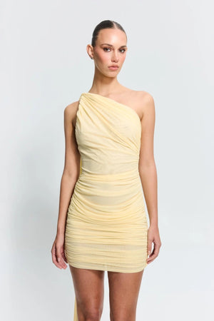 Sabine Mini Lemon by Effie Kats, a sculpted stretch mesh mini with sheer texture. Perfect for rooftop parties or warm summer nights.