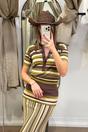 Sable Polo Shirt in Espresso Pine Stripe by Faithfull the Brand, classic polo with a deep V-neck and ribbed waistband, perfect for a chic, casual look when paired with coordinating skirts or denim