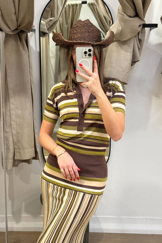 Sable Polo Shirt in Espresso Pine Stripe by Faithfull the Brand, classic polo with a deep V-neck and ribbed waistband, perfect for a chic, casual look when paired with coordinating skirts or denim