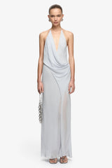 Sabrina Drape Maxi Dress Blue Smoke by Bec + Bridge – georgette maxi dress with draped waist, V neckline and leg split.