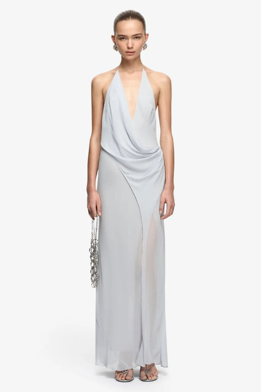 Sabrina Drape Maxi Dress Blue Smoke by Bec + Bridge – georgette maxi dress with draped waist, V neckline and leg split.