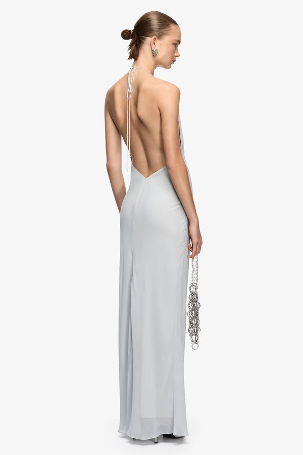 Sabrina Drape Maxi Dress Blue Smoke by Bec + Bridge – georgette maxi dress with draped waist, V neckline and leg split.