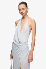 Sabrina Drape Maxi Dress Blue Smoke by Bec + Bridge – georgette maxi dress with draped waist, V neckline and leg split.