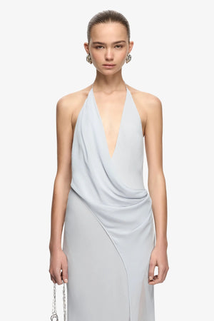 Sabrina Drape Maxi Dress Blue Smoke by Bec + Bridge – georgette maxi dress with draped waist, V neckline and leg split.