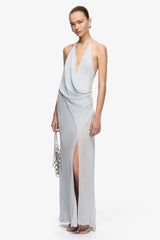 Sabrina Drape Maxi Dress Blue Smoke by Bec + Bridge – georgette maxi dress with draped waist, V neckline and leg split.