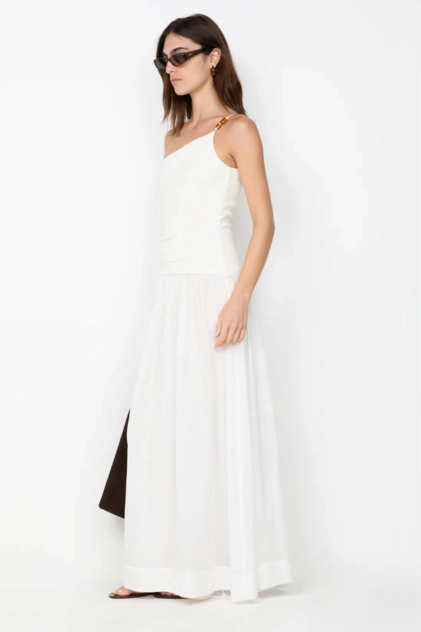 Sabrine Asym Maxi Dress by Bec + Bridge, ivory maxi with amber bead strap and ribbed bodice. Perfect for bridal or summer escapes.