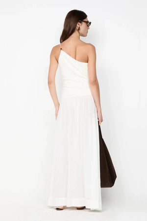 Sabrine Asym Maxi Dress by Bec + Bridge, ivory maxi with amber bead strap and ribbed bodice. Perfect for bridal or summer escapes.