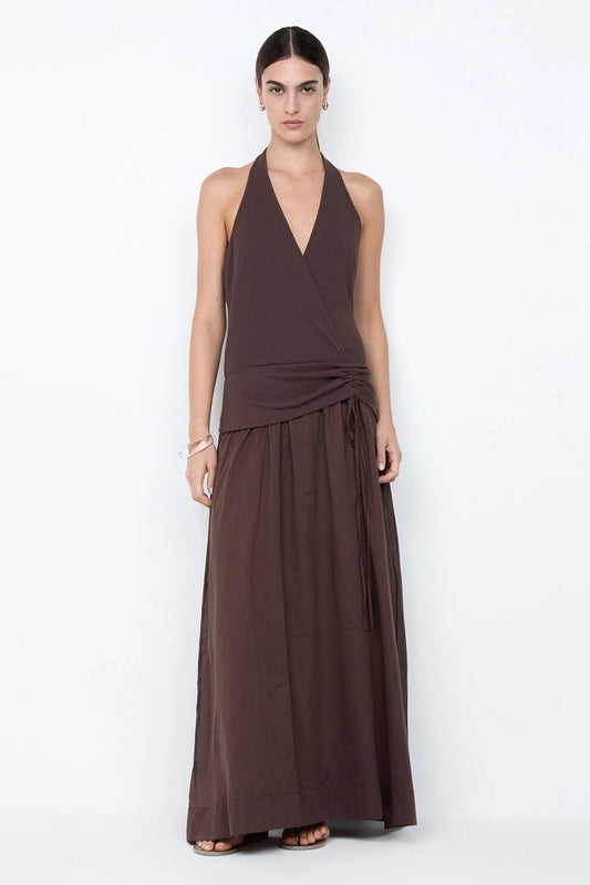 Sabrine Halter Maxi Dress Dark Chocolate by Bec + Bridge – a halter maxi with wrap detail and soft drape. Perfect for evening styling.