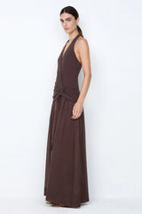 Sabrine Halter Maxi Dress Dark Chocolate by Bec + Bridge – a halter maxi with wrap detail and soft drape. Perfect for evening styling.