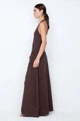 Sabrine Halter Maxi Dress Dark Chocolate by Bec + Bridge – a halter maxi with wrap detail and soft drape. Perfect for evening styling.