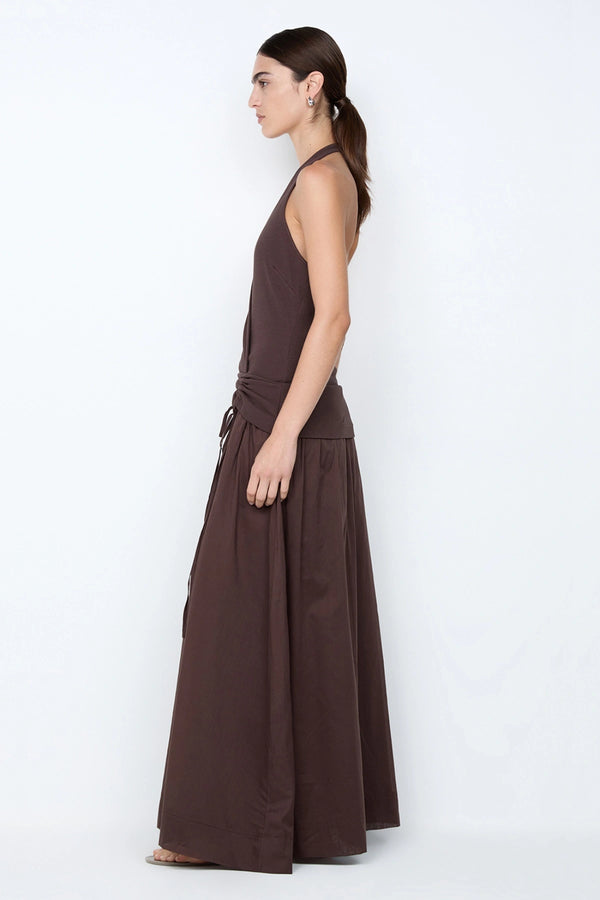 Sabrine Halter Maxi Dress Dark Chocolate by Bec + Bridge – a halter maxi with wrap detail and soft drape. Perfect for evening styling.
