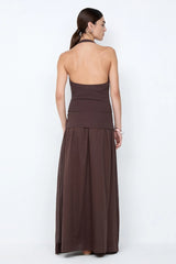 Sabrine Halter Maxi Dress Dark Chocolate by Bec + Bridge – a halter maxi with wrap detail and soft drape. Perfect for evening styling.