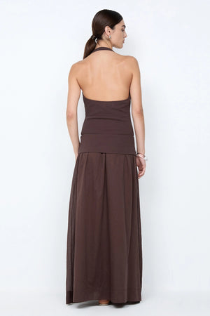 Sabrine Halter Maxi Dress Dark Chocolate by Bec + Bridge – a halter maxi with wrap detail and soft drape. Perfect for evening styling.