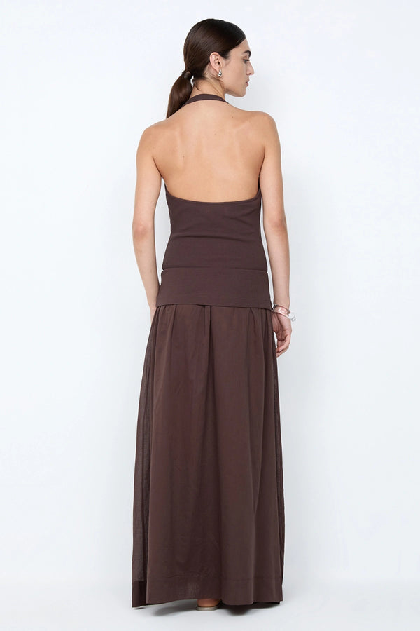 Sabrine Halter Maxi Dress Dark Chocolate by Bec + Bridge – a halter maxi with wrap detail and soft drape. Perfect for evening styling.