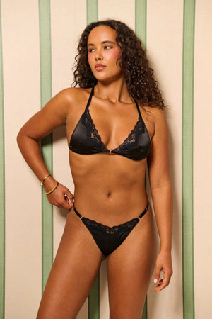Sadie Bralette Black by Kat the Label – satin racerback bralette with lace detailing and adjustable fit.