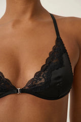 Sadie Bralette Black by Kat the Label – satin racerback bralette with lace detailing and adjustable fit.