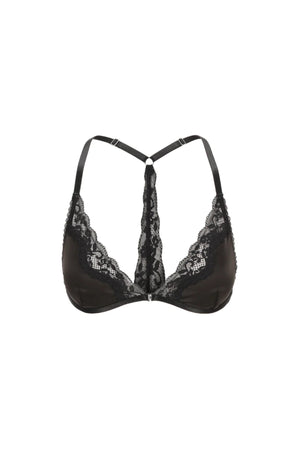 Sadie Bralette Black by Kat the Label – satin racerback bralette with lace detailing and adjustable fit.