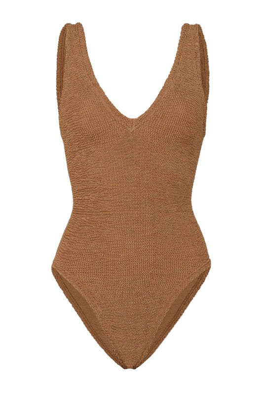Sadie Swim in Metallic Cocoa by Hunza G, shimmering deep V swimsuit with sculpting stretch for confident summer style.